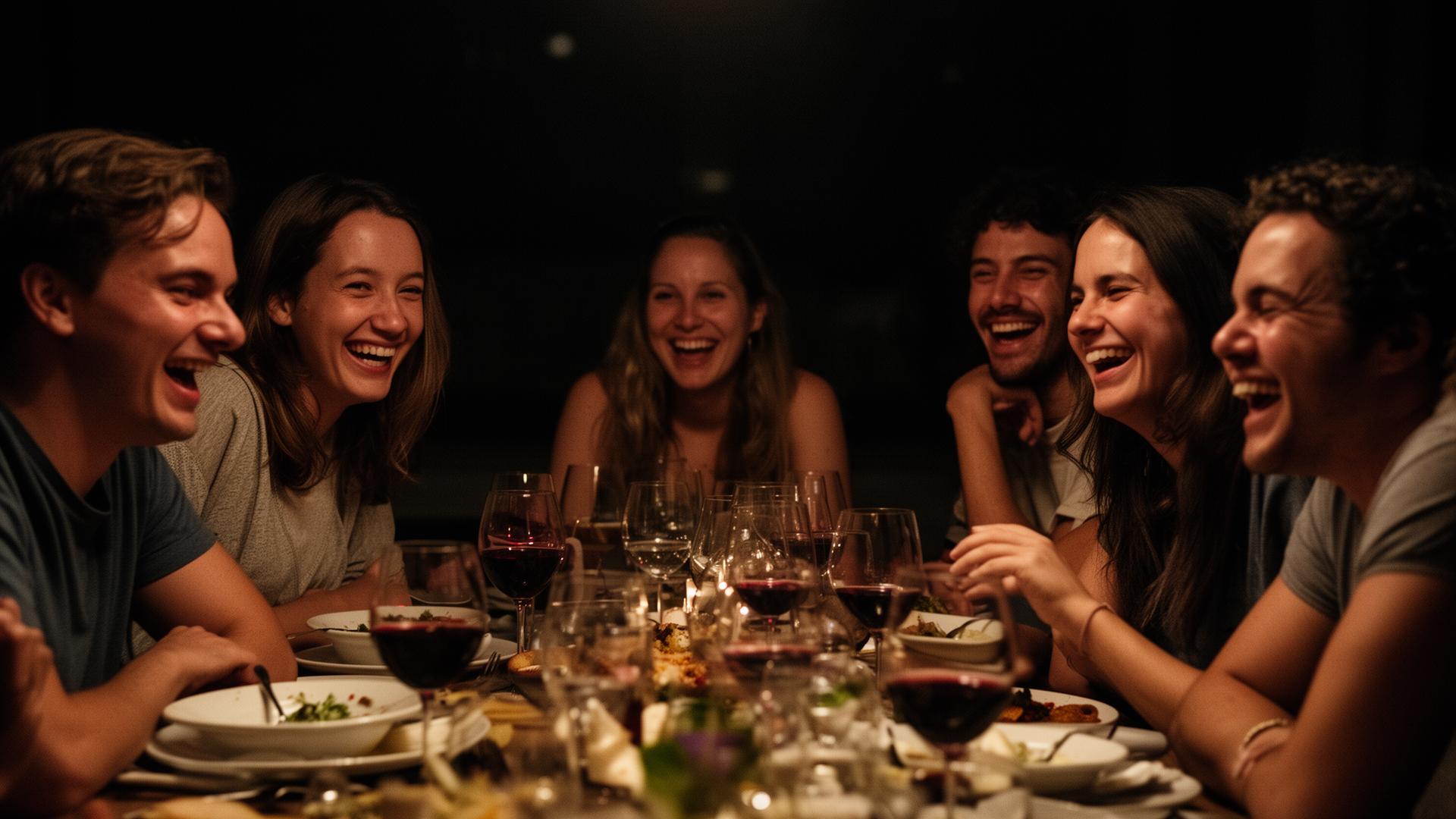 Vrienden lachen aan tafel met wijn